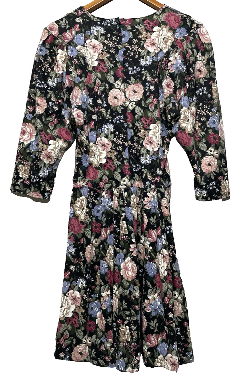 Vintage 80s Paquette Too Floral Midi Dress Womens 10 Black Cottagecore USA